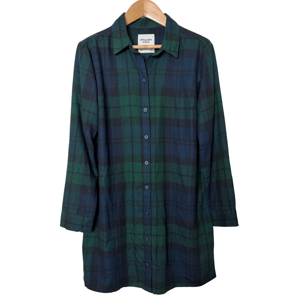 Abercrombie & Fitch Black Watch Plaid Flannel Shirt Dress Green Navy Small P